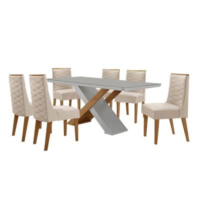 Mesa Sala De Jantar Carol 180cm E 6 Cadeiras Safira Moderna Veludo Creme/off White/imbuia