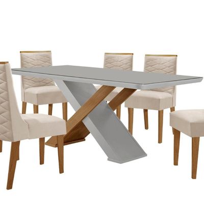 Mesa Sala De Jantar Carol 180cm E 6 Cadeiras Safira Moderna Veludo Creme/off White/imbuia