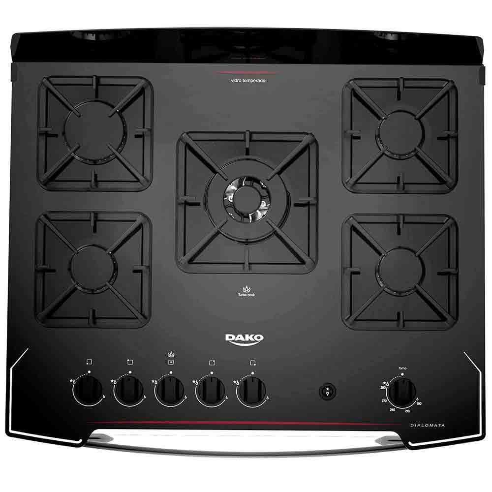 Fogão Dako 5 Bocas Diplomata Mesa de Vidro Temperado Acendimento