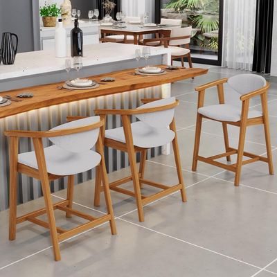 Kit 04 Banquetas Baixa Para Cozinha Sala Jantar Bancada Cecília L02 Linho Cinza - Lyam Decor