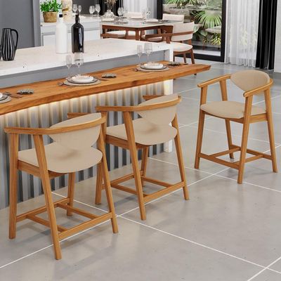Kit 03 Banquetas Baixa Para Cozinha Sala Jantar Bancada Cecília L02 Linho Bege Escuro - Lyam Decor