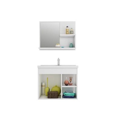 Bancada De Banheiro Balcão Suspenso Isa Com Cuba 55cm E Armário Com Espelho Amendoa-off White - Mgm