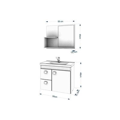 Gabinete De Banheiro Balcão Suspenso Isa Com Cuba 55cm E Armário Com Espelho Amendoa-off White - Mgm