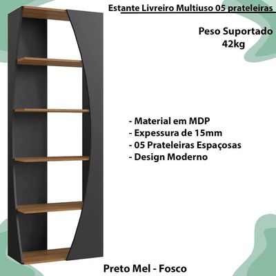 Estante Livreiro Multiuso 05 Prateleiras Preto Mel Proddy