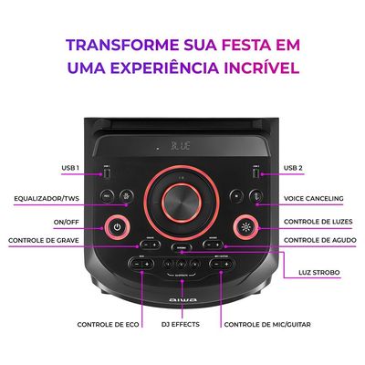 Torre de Som 2200W RMS 2 Woofers 10 USB Rádio FM AWS-T2W-01 Aiwa Preto / Bivolt