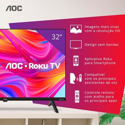 Smart TV 32 HD AOC 32S5045/78G com Roku TV, Comando de Voz, HDMI, USB Wi-Fi e Conversor Digital Preto / Bivolt