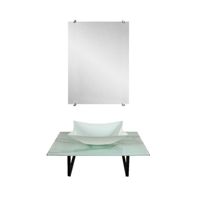 Conjunto Lavatorio Para Banheiro Cuba De Apoio Vidro Marmorizado Branco Com Espelho Vmex Pia Lavabo Sobrepor