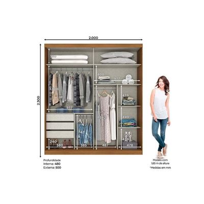 Guarda Roupa 2 Portas De Correr E 3 Gavetas C/ Espelho Verg Nature/off White - Henn
