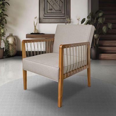 Poltrona Decorativa Haia Linho Com Base Madeira Maciça SSX Multicoisas Areia