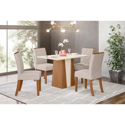 Sala de Jantar Completa Orus c/ Tampo Madeirado 120x80cm e 4 Cadeiras Vita Nature/Off White - Linho Bege - Henn