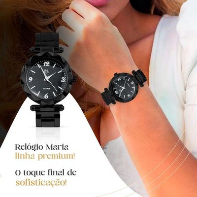 Relogio Feminino Preto Aço Caixa Brincos Presente Social