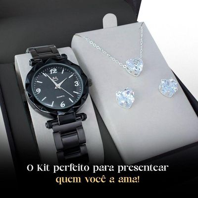 Relogio Feminino Preto Aço Caixa Brincos Presente Social
