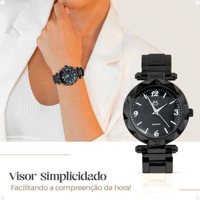Relogio Feminino Preto Aço Caixa Brincos Presente Social