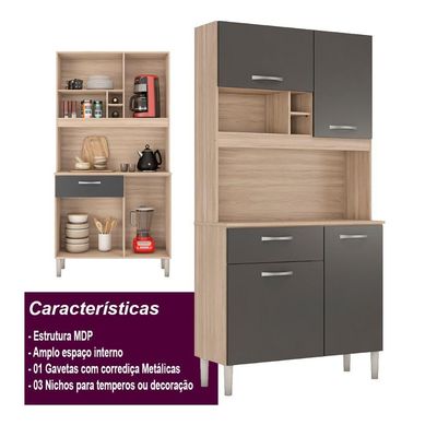 Armário Cozinha Compacta 4 Portas 1 Gaveta 3 Nichos Malta Avena Grafito Avena
