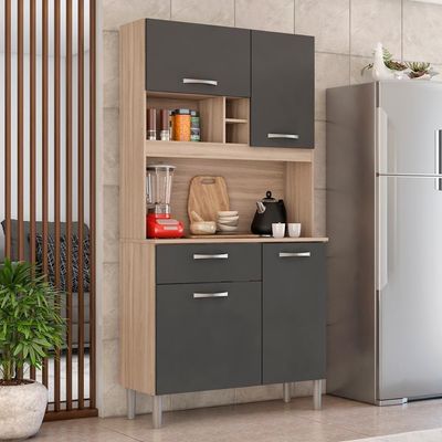 Armário Cozinha Compacta 4 Portas 1 Gaveta 3 Nichos Malta Avena Grafito Avena