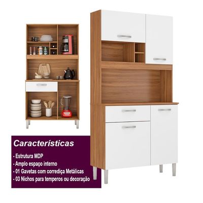 Armário Cozinha Compacta 4 Portas 1 Gaveta 3 Nichos Malta Amendola Branco