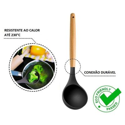 Kit Utensílios De Silicone Preto 12 Pç Cabos Madeira Suporte