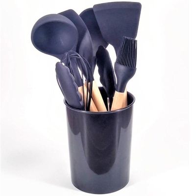 Kit Utensílios De Silicone Preto 12 Pç Cabos Madeira Suporte