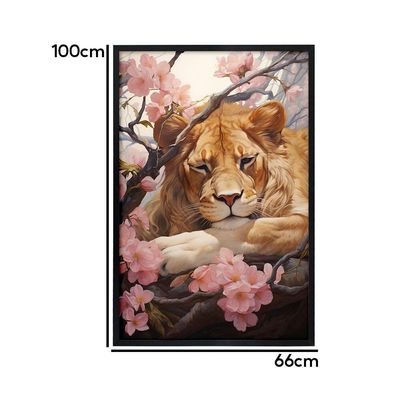 Quadro Decorativo Leão Flor Cerejeira Moldura Cx Alta 100x66 Titulo Moldura Preta