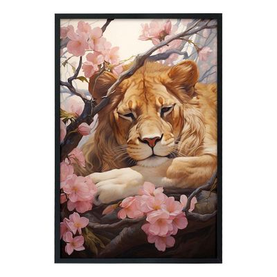 Quadro Decorativo Leão Flor Cerejeira Moldura Cx Alta 100x66 Titulo Moldura Preta