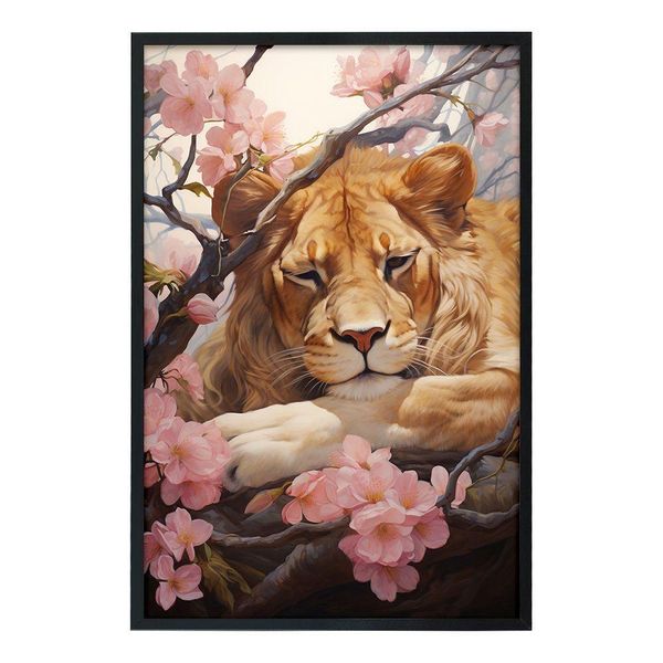 Quadro Decorativo Leão Flor Cerejeira Moldura Cx Alta 100x66 Titulo Moldura Preta