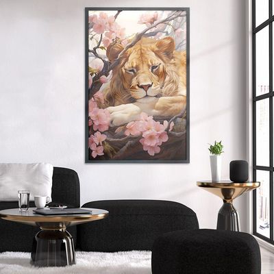 Quadro Decorativo Leão Flor Cerejeira Moldura Cx Alta 100x66 Titulo Moldura Preta