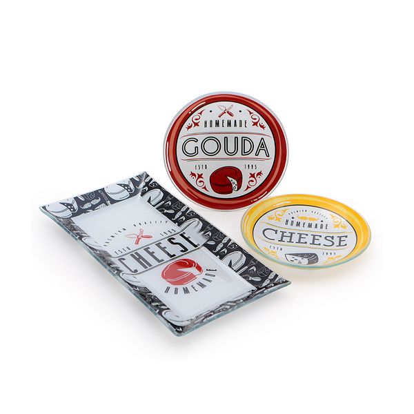 Conjunto de Petisqueira em Vidro Decorglass para Queijo 3 Peças Redondo e Retangular Colorido