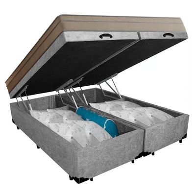 Cama Box Baú Casal Bipartido Suede + Colchão De Molas Ensacadas Portobel Ipanema 138x188x66cm Cinza