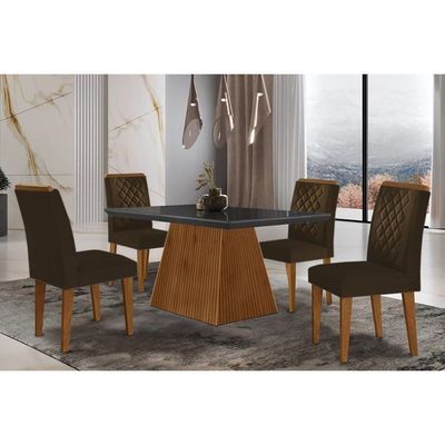 Sala De Jantar Completa Luna C- Tampo Madeirado Vidro Canto Curvo 120x80cm E 4 Cadeiras Jade Imbuia-grafite - Suede Marrom - Rufato