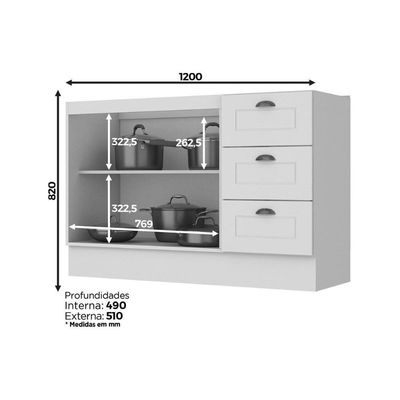 Gabinete P- Pia Cozinha Balcão Americana C- 2 Portas E 3 Gavetas S-tampo 120cm Branco - Henn