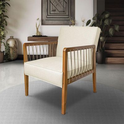 Poltrona Decorativa Haia Linho Com Base Madeira Maciça SSX Multicoisas Perola