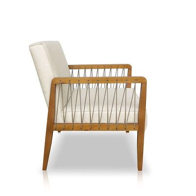 Poltrona Decorativa Haia Linho Com Base Madeira Maciça SSX Multicoisas Perola