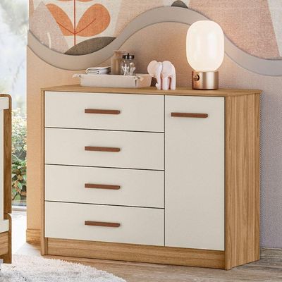 Cômoda Infantil Para Quarto De Bebê Pérola 01 Porta 04 Gavetas Nature Off White - Abmaza
