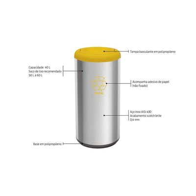 Lixeira Inox Tramontina Cápsula Selecta Plus Basculante Com Acabamento Scotch Brite E Tampa Basculante Amarela Em Polipr