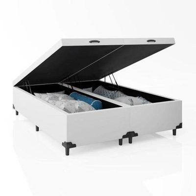 Cama Box Baú King 193 Tecido Branco Com Colchão Alegro Bello Box D28 Cinza 58x193x203