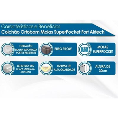 Colchão Solteiro Molas Ensacadas Superpocket Airtech Spring Ortopillow (88x188x30) - Ortobom