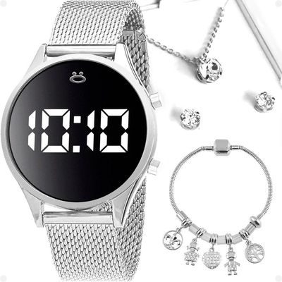 Relogio Feminino Aço Prata Digital Caixa Brincos Colar