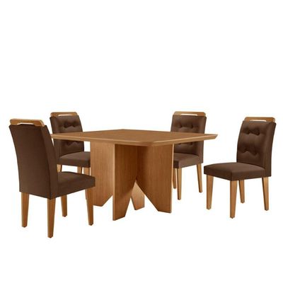 Mesa Evora 90cm Mdf Canto Copo E Com 4 Cadeiras Carol Veludo Marrom/naturalle/naturalle
