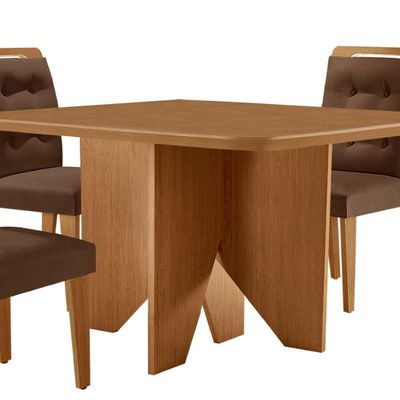 Mesa Evora 90cm Mdf Canto Copo E Com 4 Cadeiras Carol Veludo Marrom/naturalle/naturalle