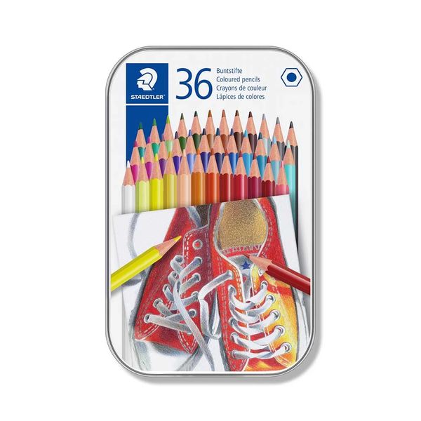 Lápis de Cor Staedtler Sextavado Modelo Estojo Metal com 36 Cores Vibrantes