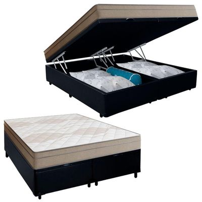 Cama Box Baú Casal Bipartido Sintético + Colchão De Molas Ensacadas Portobel Ipanema 138x188x66cm Preto