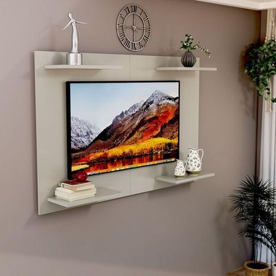 Painel TV Até 50 Pol Em MDF Com Prateleiras Para Decoração Off White