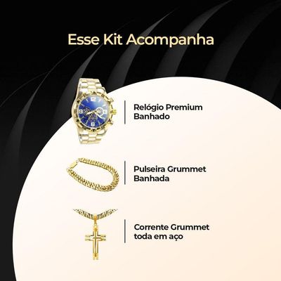 Relogio Masculino Aço Banhado Ouro + Pulseira + Crucifixo Pesado Grande Qualidade Premium Robusto
