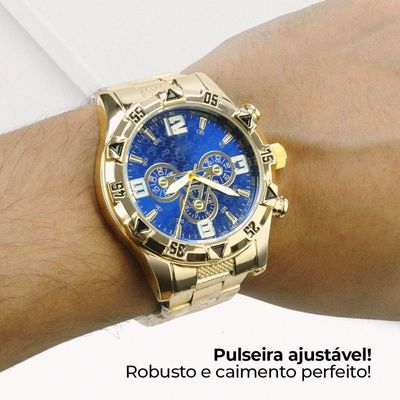 Relogio Masculino Aço Banhado Ouro + Pulseira + Crucifixo Pesado Grande Qualidade Premium Robusto