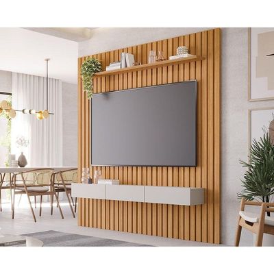 Rack Bancada Com Painel Para Tv Até 65 Pol Maragogi Ripado 1 Porta E 2 Gavetas 185x220cm Nature-off White - Permóbili