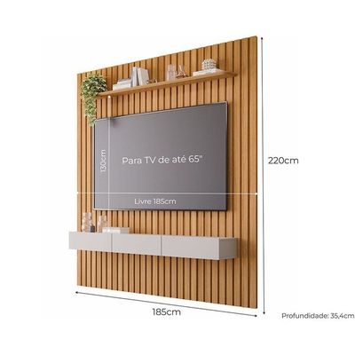 Rack Bancada Com Painel Para Tv Até 65 Pol Maragogi Ripado 1 Porta E 2 Gavetas 185x220cm Nature-off White - Permóbili