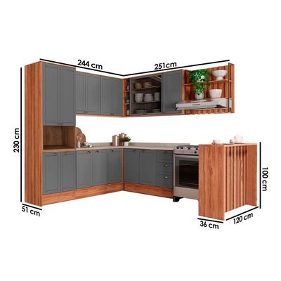Cozinha Completa Bella 9 Peças (3aéreos+3balcões+1torrequente+1ilha+1complemento) C9p200 Nogal-cinza - Carraro