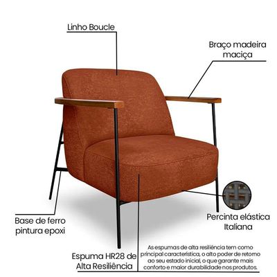 Poltrona Decorativa Eros Linho Bouclê Com Base De Ferro Preto SSX Multicoisas Marrom