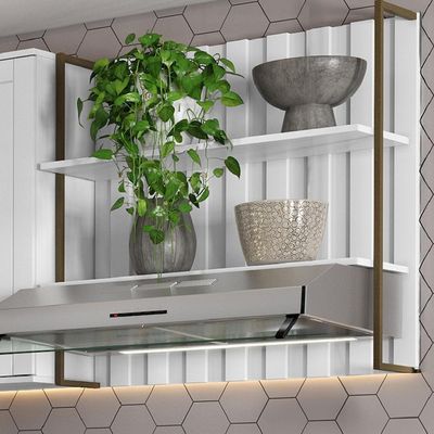 Aéreo Ripado Mdf Branco Com Prateleiras E Tubo Ouro Velho Carraro