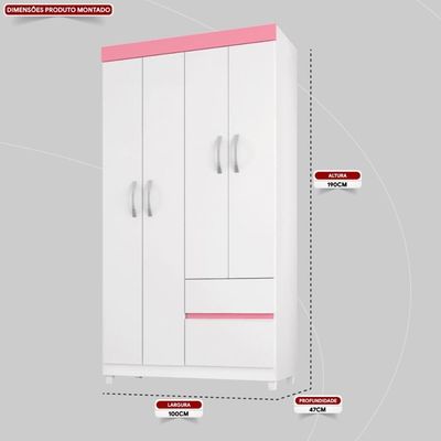 Guarda Roupa Solteiro 4 Portas E 2 Gavetas Almirante Branco-rosa-branco Branco-rosa-branco